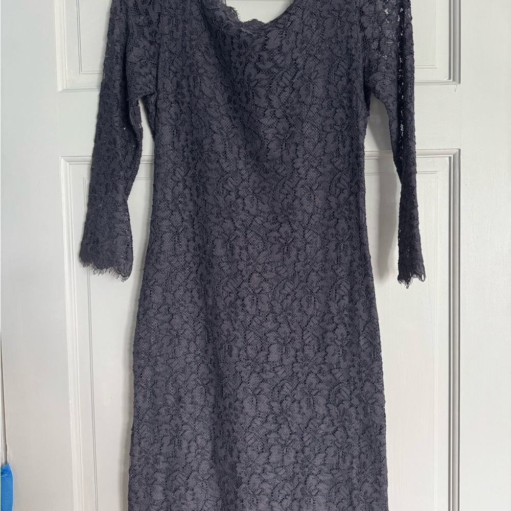 Diane Von Furstenberg Charcoal Lace 3/4 Sleeve Dress with Zipper Detail